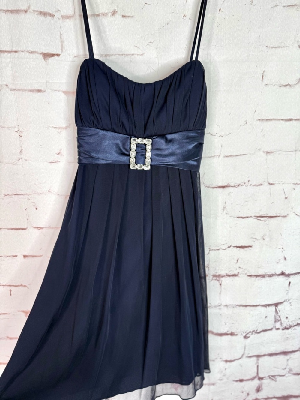 CITY TRIANGLES Large Midnight Blue Chiffon Rhinestone Buckle Cocktail Dress L